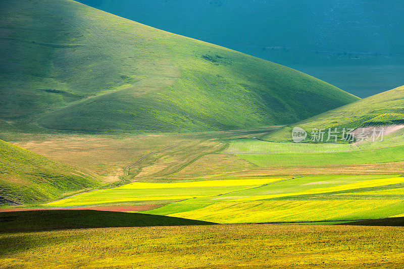 Piano Grande di Castelluccio，位于绿色山丘上的村庄，意大利